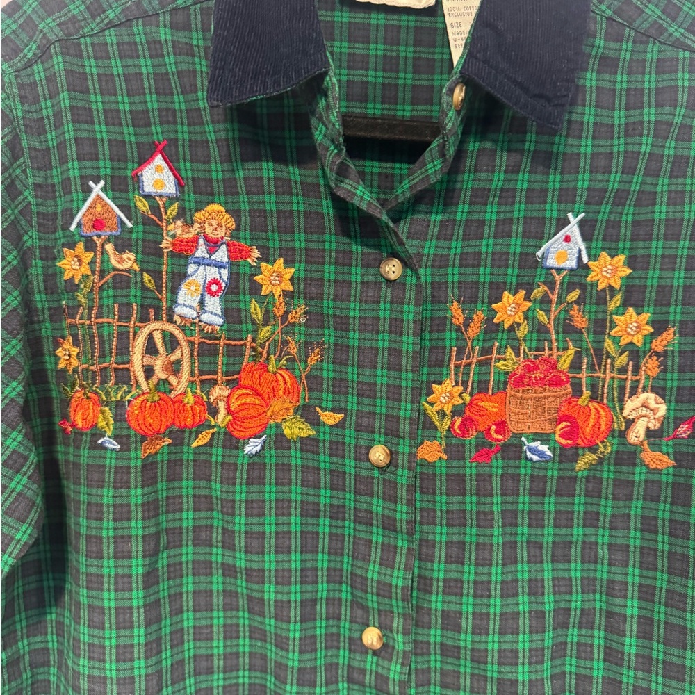 Vintage Fall Pumpkin Patch Embroidered Plaid Butt… - image 2